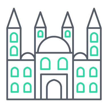 Beyaz arka planda izole edilmiş ana hatlı bir kilise ikonu. seyahat sembolü