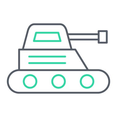 Askeri ve tank ikonlarının ana hatlarıyla vektör illüstrasyonları. Beyaz arkaplanda düzenlenebilir vuruş.