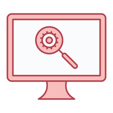 Büyüteç ve vites vektör illüstrasyonlu bilgisayar monitörü