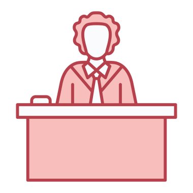 Konuşma balonu ikonu olan bir iş adamı. Beyaz arkaplanda izole edilmiş web tasarımı için özet yargıç resepsiyonist vektör sembolü