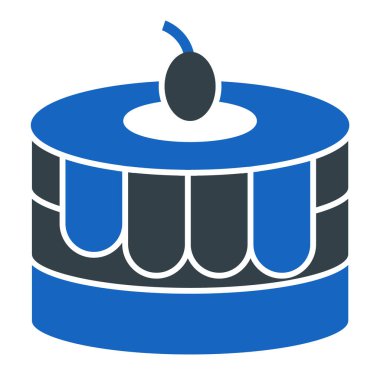 Doğum günü pastası ikonu. Vektör biçimi yuvarlak açılı, pembe ve mavi renkli düz ikonik bir semboldür.,