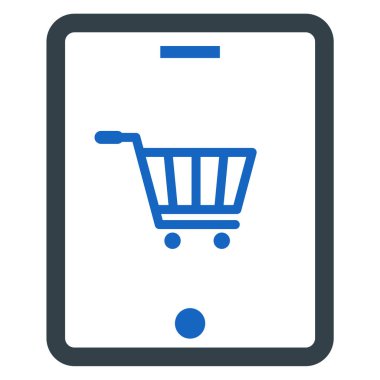 Alışveriş arabası ikonu. biçim iki renkli düz sembol, mavi ve beyaz renkler, yuvarlak açılar, siyah