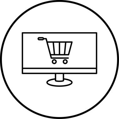 Monitör simgesi üzerinde alışveriş arabası, vektör illüstrasyonu