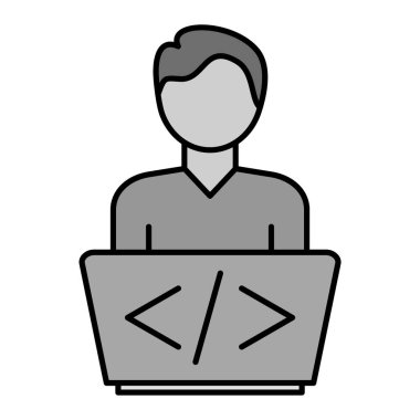 Bilgisayarı ve adalet düğmesi olan bir adam.