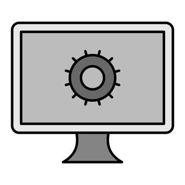 Teknoloji ve dişli ikonlu bilgisayar monitörü. vektör illüstrasyonu