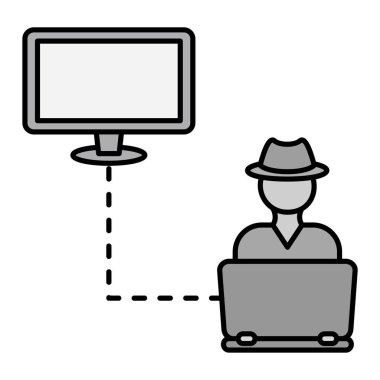 Bilgisayar simgesi olan bir bilgisayar korsanı. izole ve düz illüstrasyon