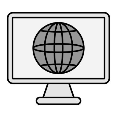  Dünya çapında bilgisayar monitörü simgesi. Dünya çapındaki vektör illüstrasyonu 