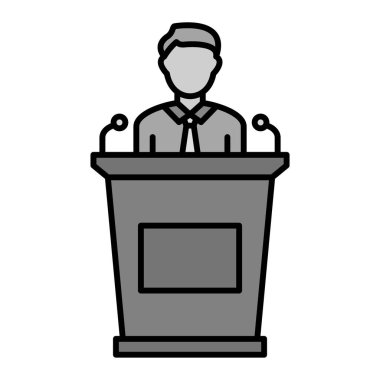 Mikrofon ikonu olan bir iş adamı. Ana hatları iş konferansı odası vektör illüstrasyonu. Yalnız tasarım. insanlar profil ve arka tema