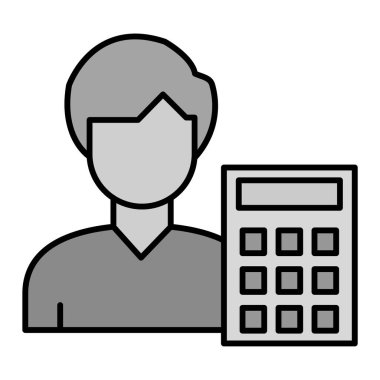 Hesap makinesi çizgisi ikonu olan bir iş adamı. Beyaz arkaplanda izole edilmiş web tasarımı için kalem vektör simgelerine sahip çocuk taslağı