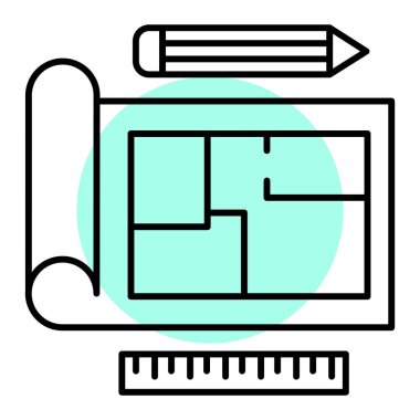 Kalem ve cetvelli inşaat planı, vektör illüstrasyonu