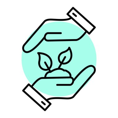 Yaprak ikonlu bir bitkiyi tutan el. vektör illüstrasyonu