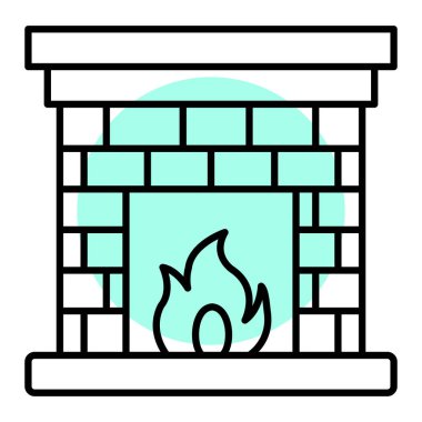 Duvarı tuğlalı bir odada şömine yanıyor. Bacanın vektör çizimi