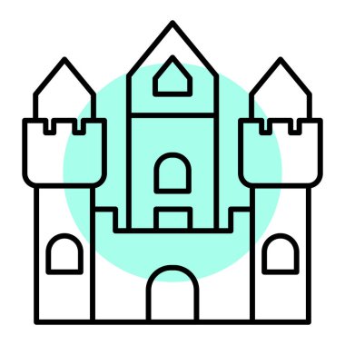 Beyaz arkaplanda izole edilmiş ana hatlı kale simgesi. kilise sembolü illüstrasyon.