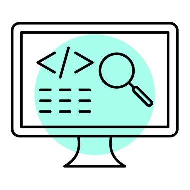 Beyaz arkaplan üzerinde büyüteç simgesi olan bilgisayar monitörü, vektör illüstrasyonu