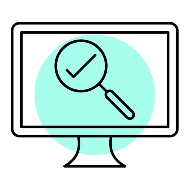 Büyüteç ve beyaz çizgi ikonlu bilgisayar monitörü. vektör illüstrasyonu