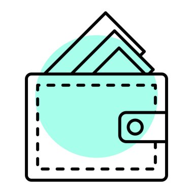 Beyaz arkaplan üzerinde para simgesi olan cüzdan, satır biçimi, vektör illüstrasyonu