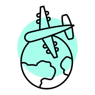 Beyaz arka planda izole edilmiş, karikatür tarzında bir dünya ikonu olan bir uçak. seyahat sembolü. vektör illüstrasyonu