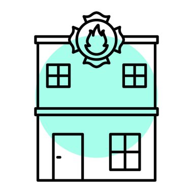 Beyaz arkaplan üzerinde ateş ve baca simgesi olan ev, çizgi biçimi, vektör illüstrasyonu