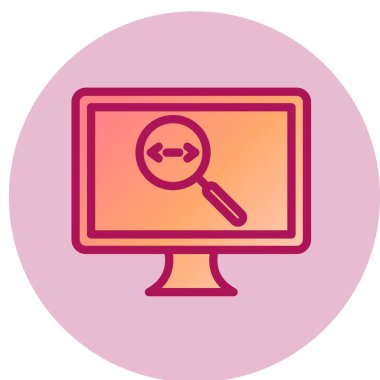 Büyüteç ikonlu bilgisayar monitörü. vektör illüstrasyonu