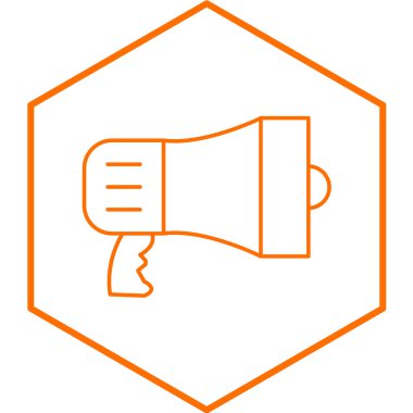 Web, mobil ve bilgi grafikleri için megafon hattı simgesi. Sarı zemin üzerinde izole edilmiş beyaz, ince turuncu vuruş vektörü