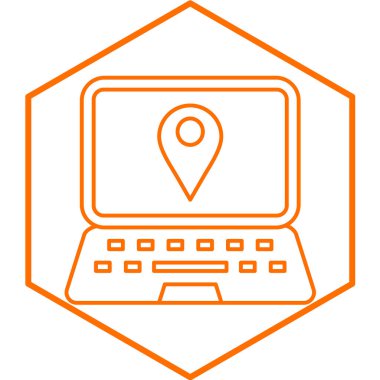 Konumu, GPS 'i, bilgisayarı, monitörü ve ince hatlı diğer ikonu olan bir dizüstü bilgisayar. vektör illüstrasyonu