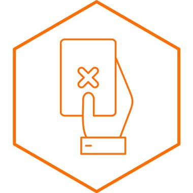 Beyaz arkaplanda işaret simgesi olan akıllı telefonu tutan çizgi. vektör illüstrasyonu