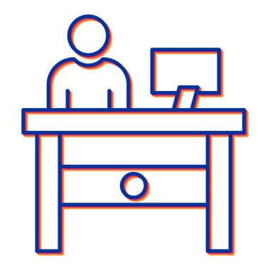 dizüstü bilgisayarı ve sandalye çizgisi ikonu vektörü olan bir masaüstü. Bilgisayar tabelasıyla çalışan insanlar. izole edilmiş sınır sembolü çizimi