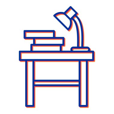 masa simgesi vektörü. Beyaz arka planda kalem, kova ve okul ekipmanlarıyla ana hatlı ofis koltuğu..