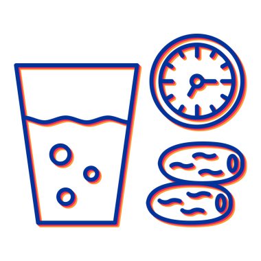 Çizgi saatini, elmayı, su şişesini ve test tüpünü ayarla. Renk simgeleri. vektör.