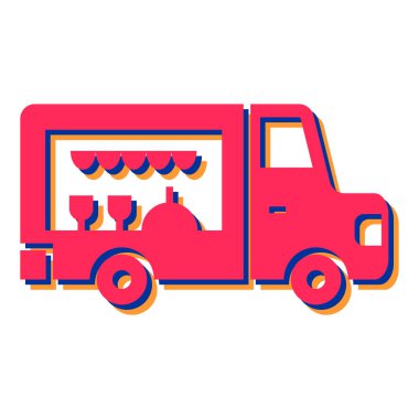 Fast food dağıtım kamyonu ikonu. Web için pizza araba vektör simgelerinin çizgi film çizimi