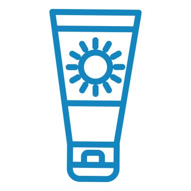 Güneş ikonu vektörü. Yüzünde güneş kremi, düz, beyaz, mavi, çizgi, havlu, losyon