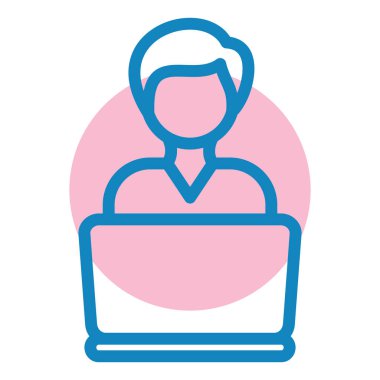 Dizüstü bilgisayar çizgisi simgesi olan adam, vektör illüstrasyonu