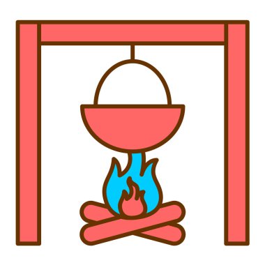 Kamp vektör simgesi. Ateş alevi işaretinin ana hatları. Beyaz arkaplanda izole edilmiş sembol.