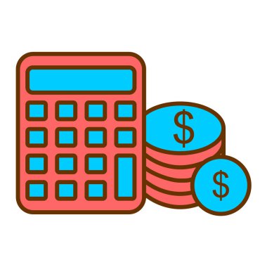 Bozuk para ikon vektörlü hesap makinesi. Para nakit levhası. izole edilmiş sembol çizimi
