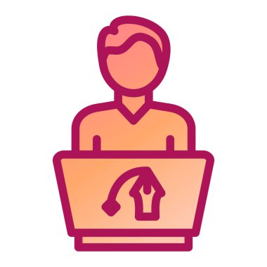 Dizüstü bilgisayar simgesine sahip işçiler beyaz arkaplanda izole edildi, vektör illüstrasyonu