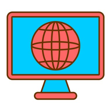 Dünya ikonlu bilgisayar monitörü. vektör illüstrasyonu