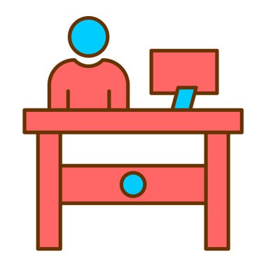 Masa başı sandalyesi ve dizüstü bilgisayarı simgesi olan bir masa. vektör illüstrasyonu