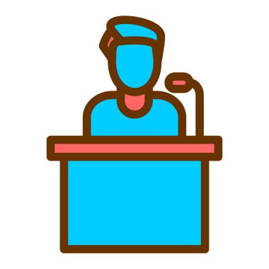 Kutu ikon vektörü olan bir adam. Podyumda bavullu erkek öğretmen..