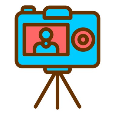 Video kamera ikon vektörü. Düz çizim çizimi. Beyaz arkaplanda izole edilmiş, ağ için tahta.