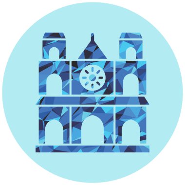 Mavi arkaplanda karikatür tarzında bina simgesi var. seyahat sembolü