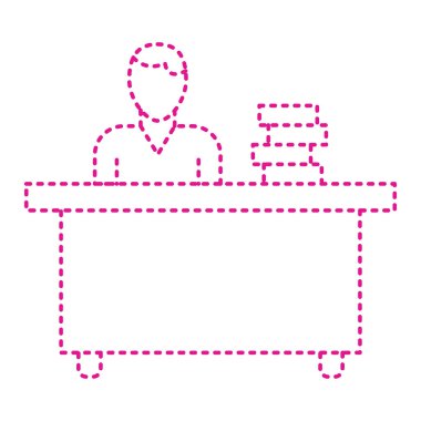 dotted line icon of worker with ribbon and speech bubble