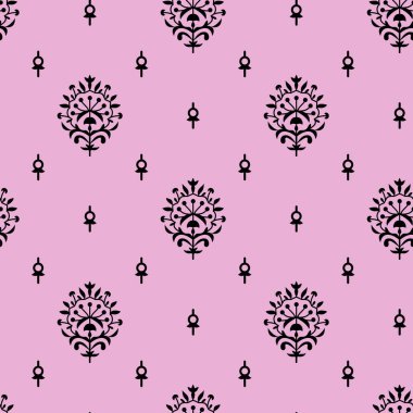 Dekoratif çiçeklerin vektörsüz deseni, pembe ve siyahın çizimi