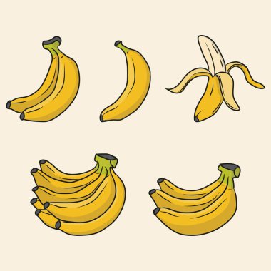 Gıda veya mutfak temalı tasarımlar için çok uygun bir muz koleksiyonunun vektör illüstrasyon paketi, gıda ürün logoları seçimi için de kullanılabilir veya sadece bir koleksiyon olarak depolanabilir