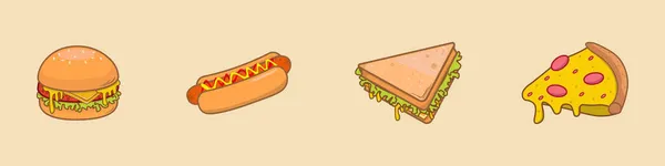 Fast Food Wektor Ilustracja Wiązka Pizza Burger Kanapka Hot Dog — Wektor stockowy