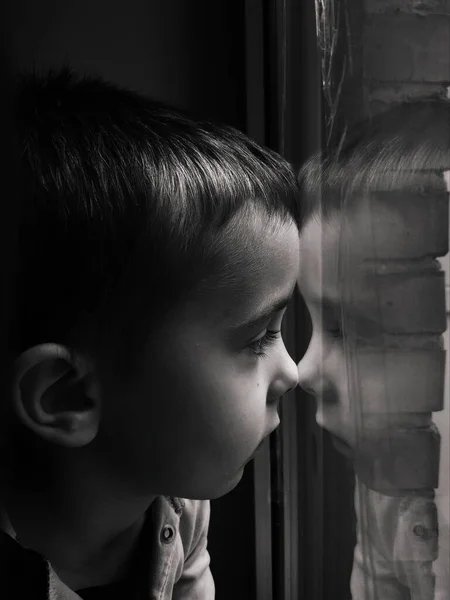 Black White Portrait Little Boy Who Looks Out Window Sealed — Stock Photo, Image
