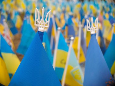 Flags of Ukraine close-up. A symbol of the independence of the Ukrainian people. Action in support of Ukraine
