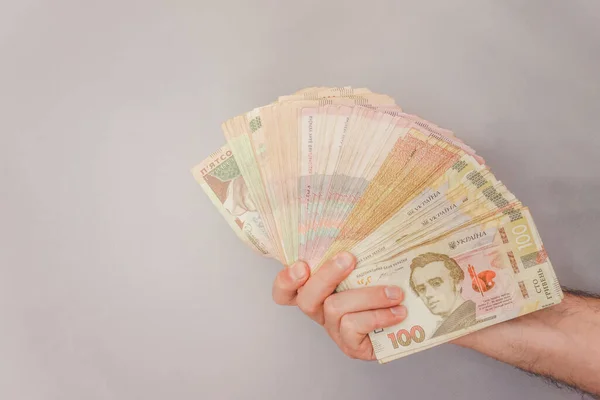 Money Ukraine Stack Ukrainian Hryvnia Hands Light Grey Background Money — Stockfoto