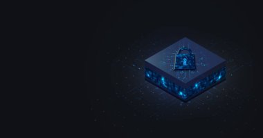 Asma kilitli veri şifrelemesi, asma kilidin 3 boyutlu vektör çizimi, mavi asma kilit arkaplan resmi.