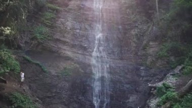 Ormanda şelaleye bakan bir adam.