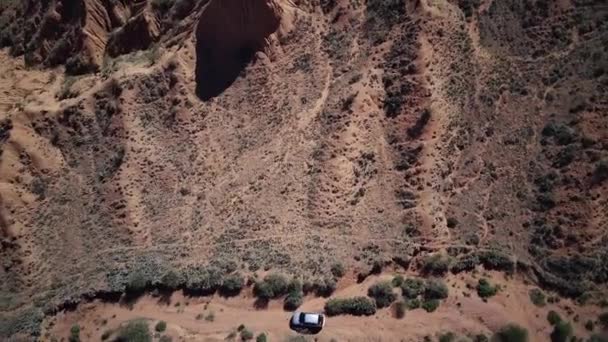 Egy Drón Ami Áttekintést Egy Autóról Ami Áthalad Terepen Vörös — Stock videók